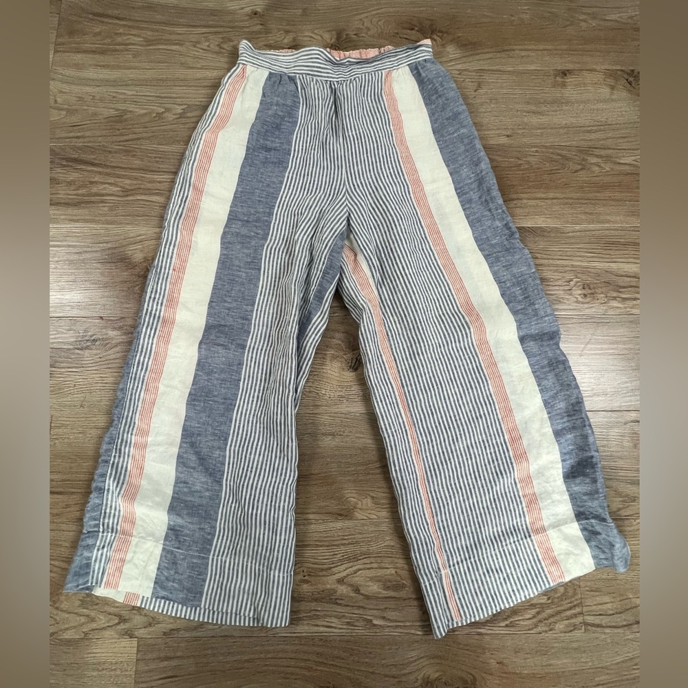 LOFT Linen Striped Wide Leg Casual Ankle Crop Pants in Blue, White, and Pink